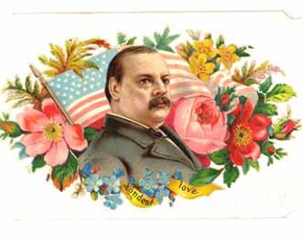 President Cleveland US political card Victorian die cut ephemera antique vintage paper embossed flag