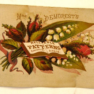 Demorest's sewing patterns antique Victorian trade card Taylor Boston dry goods ephemera paper lilly of the valley moss rose