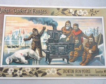 Large Quaker Rangers Victorian trade card Trade Card Taunton MA Husky Sled Dog Team Flag Polar Bear Greeley North Pole ephemera
