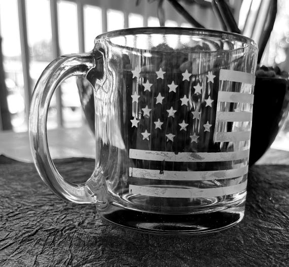 American Flag etched glass coffee cup