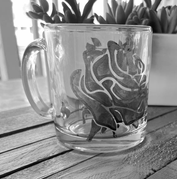 Black rose glass coffee cup