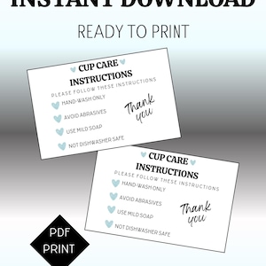 Puede incluir: Descarga PDF imprimible de seis tarjetas de 2,5" x 4" con instrucciones para el cuidado de las tazas. Las instrucciones incluyen lavar solo a mano, evitar los abrasivos, usar jabón suave y no ser aptas para el lavavajillas. Las tarjetas tienen un diseño de corazón azul claro y el texto "Gracias".