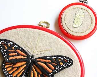 isolate + emerge original hand embroidery art // chrysalis + 3D monarch PAIR
