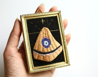 evil eye polyphemus moth wing original 3D fiber art // 3" x 2" vintage brass frame