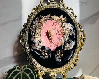 Antique Brass Convex Frame with Dried Botanicals & Grasshopper