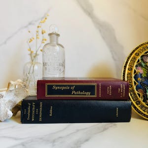 May include: A still life arrangement featuring a clear glass bottle with a stopper, stacked books, and a decorative plate. The books include "Synopsis of Pathology" and "The Encyclopedia of Witchcraft and Demonology."