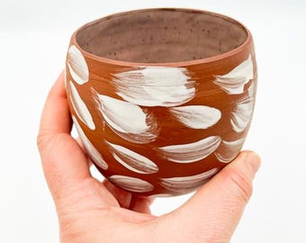 Handmade Ceramic Mug – Rustic Terracotta Mug with White Brush Pattern | Unique One-of-a-Kind