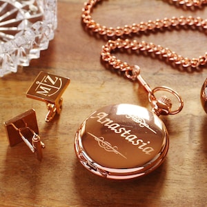 Rose Gold Pocket Watch, Personalized Bridesmaid Gifts, Bridal Shower Name and Wedding Date Engraved Watch, Anniversary Gift for Her