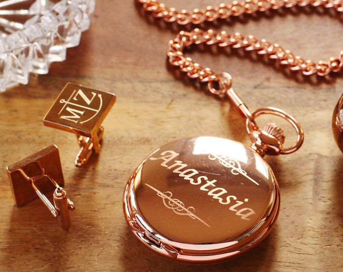 Rose Gold Pocket Watch, Personalized Bridesmaid Gifts, Bridal Shower Name and Wedding Date Engraved Watch, Anniversary Gift for Her