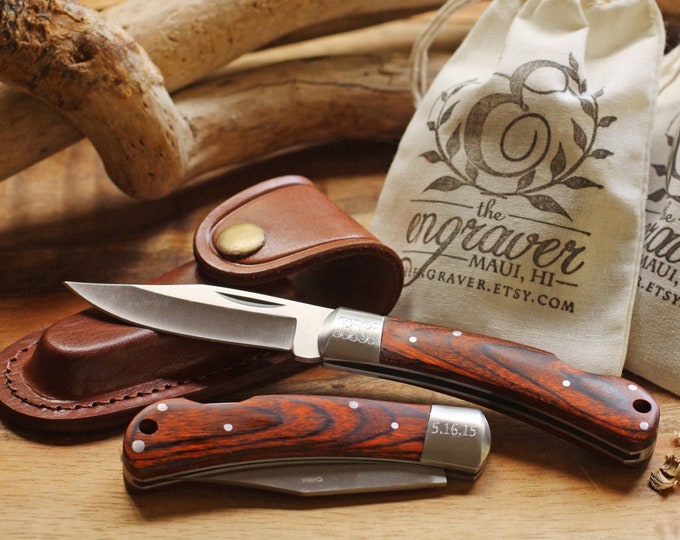 New Engraved Pocket Knife and Leather Sheath, Personalized Groomsmen Gifts with Engraved Wedding Date, Anniversary Gift For Men
