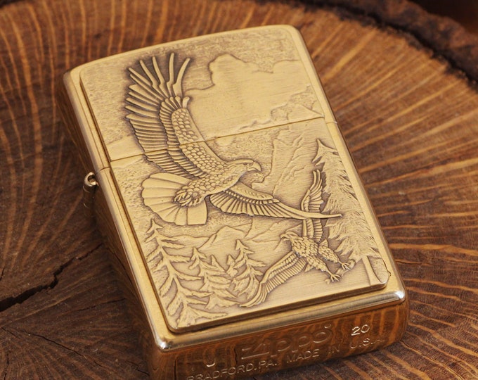 Engraved Soaring Eagles Official Zippo© Lighter, Personalized Brass Eagles Lighter Gift for Him, Groomsmen Custom Gold Color Lighter