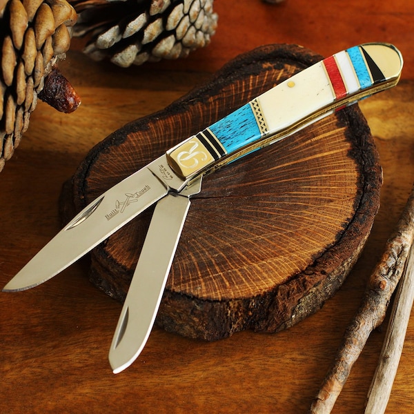 Double Blade Pocket Knife, Inlaid Turquoise Colored Folding Knife, Pocket Knife Engraved