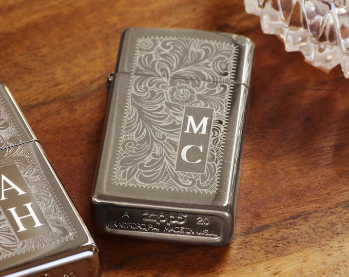 Silver Venetian SLIM Official Zippo© Lighter,  Vintage Style Silver Zippo©, Groomsman Lighters with Custom Monogram Engraving