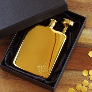 Gold Personalized Flask With Funnel and Gift Box, Funnel Included, Engraved Gold Flask, Personalized Bridesmaid Flask