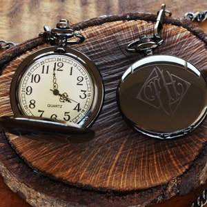 Engraved Black Pocket Watch, Personalized Groomsmen Gifts, Engraved Wedding Date, Anniversary Gift For Men