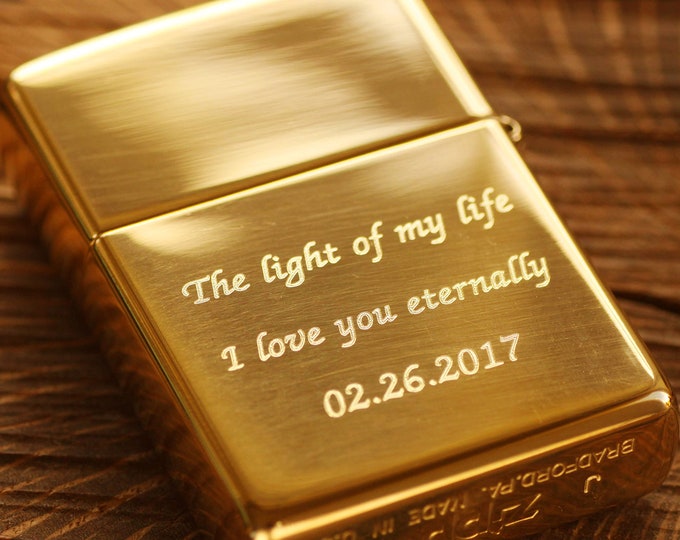 Engraved Zippo Lighter: Polished Brass or Polished Silver