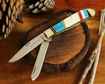 Double Blade Pocket Knife, Inlaid Turquoise Colored Folding Knife, Pocket Knife Engraved