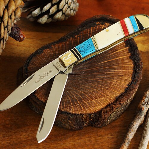Double Blade Pocket Knife Inlaid Turquoise Colored Folding Etsy