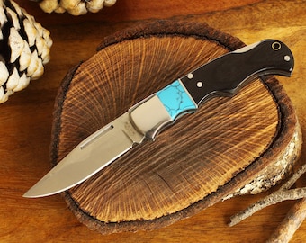 Engraved Lockback Pocket Knife: Black Wood & Faux Turquoise Inlay