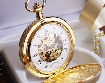Mount Royal Gold Skeleton Pocket Watch: Personalized Engraved Double Hunter