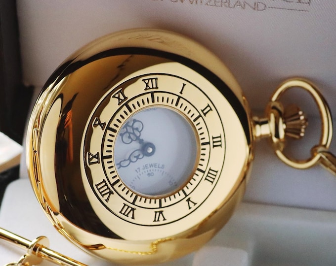 Gold Jean Pierre Pocket Watch with Small Seconds Display and Window, Personalized Mechanical 17 Jeweled Pocket Watch