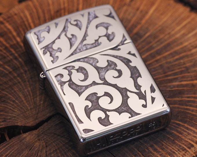 Silver Chrome Filigree Zippo© Lighter - Personalized High Polish Chrome Lighter - Custom Silver Lighter - Groomsman Lighters