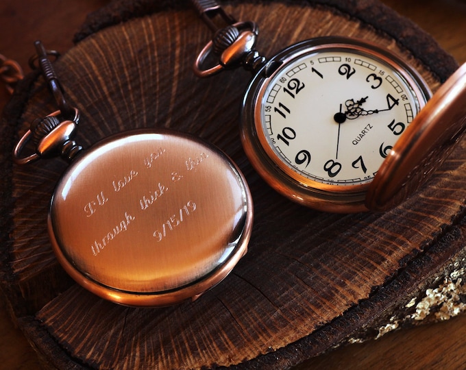 Anniversary Gift For Men, Engraved Pocket Watch Copper, Personalized Groomsmen Gifts, Engraved Wedding Date