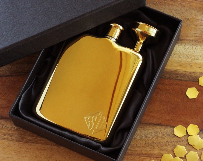 Gold Personalized Flask With Funnel and Gift Box, Funnel Included, Engraved Gold Flask, Personalized Bridesmaid Flask