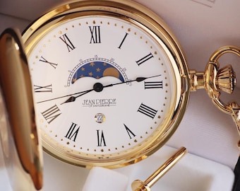 Gold Jean Pierre Pocket Watch with Sun and Moon Display, Personalized Quartz Battery Powered Pocket Watch