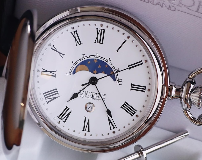 Silver Jean Pierre Pocket Watch with Sun and Moon Display, Personalized Quartz Battery Powered Pocket Watch