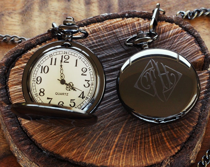 Engraved Black Pocket Watch, Personalized Groomsmen Gifts, Engraved Wedding Date, Anniversary Gift For Men