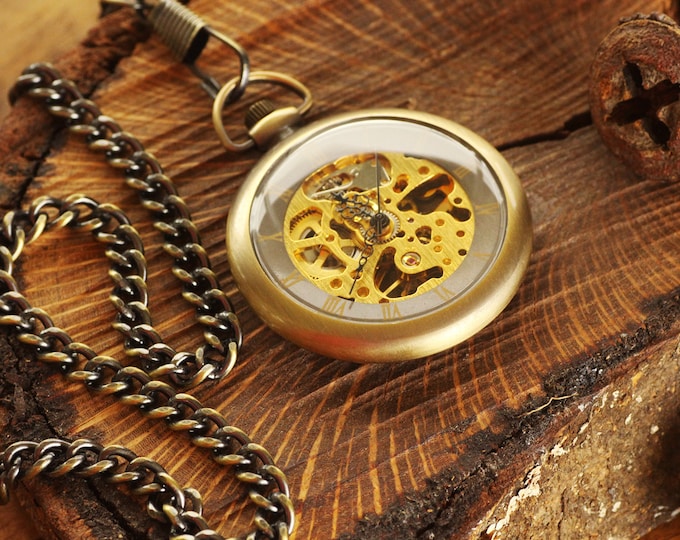Personalized Engraved Groomsmen Gift Winding Pocket Watch, Bronze Mechanical Pocket Watch, Anniversary Gift For Him