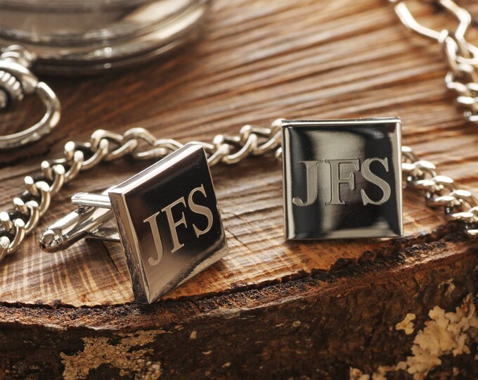 Engraved Silver Steel Cufflinks, Personalized Groomsmen Cufflinks, Square Monogramed Cufflinks