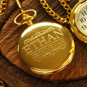Personalized Gold Pocket Watch Groomsmen Gifts, Engraved Wedding Date, Groomsman Gold Pocket Watch
