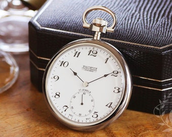 Jean Pierre of Switzerland Mechanical Pocket Watch: Chrome Open Face, Personalized Engraving