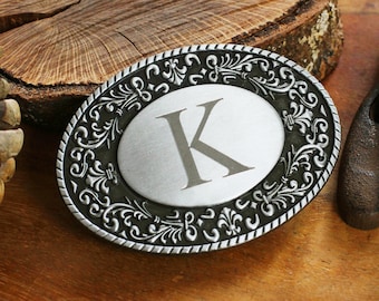Engraved Floral Belt Buckle: Custom Monogram Gift