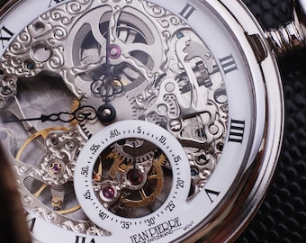 Jean Pierre® of Switzerland Silver Mechanical Double Hunter Skeleton Engraved Pocket Watch, Small Seconds Display