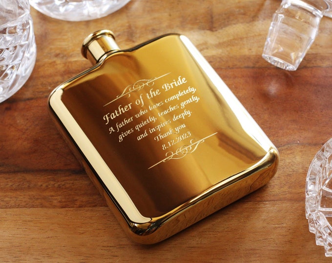 Yellow Gold Personalized Flask, Engraved Yellow Gold Flask, Personalized Groomsman or Bridesmaid Flask, Best Man Engraved Flask