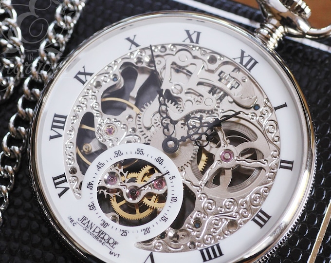 Jean Pierre® of Switzerland Silver Mechanical Open Face Skeleton Pocket Watch, Personalized Pocket Watch