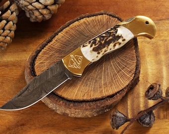New Large Damascus Steel Pocket Knife Engraved Personalized Groomsmen Gift, Folding Knives with Deer Stag Horn Handle, Gift for Him