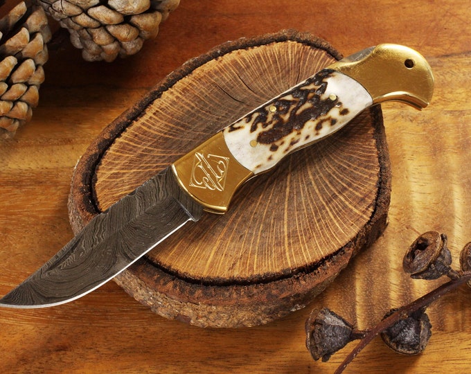 New Large Damascus Steel Pocket Knife Engraved Personalized Groomsmen Gift, Folding Knives with Deer Stag Horn Handle, Gift for Him