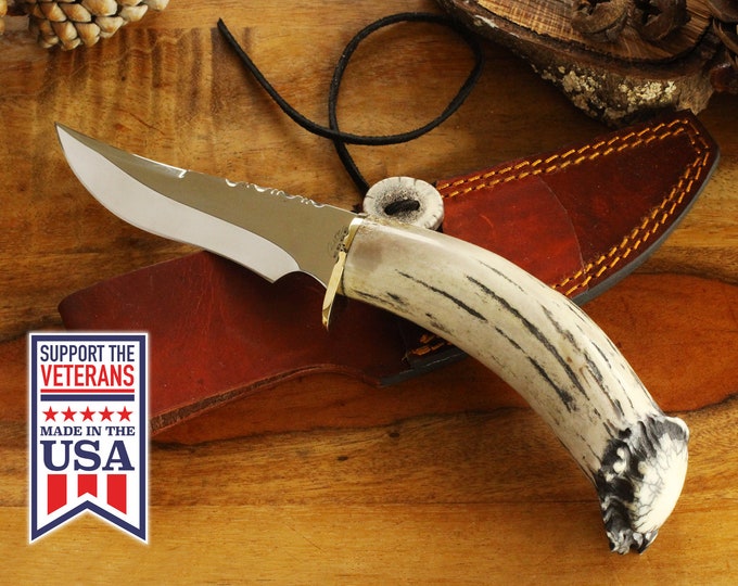 USA Made Deer Antler Hunting Knife: Custom Engraved Fixed Blade