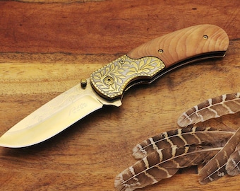 Burl Wood Clip Knife, Gold Groomsman Knife, Personalized Groomsman Pocket Knife, Engraved Gold Knife