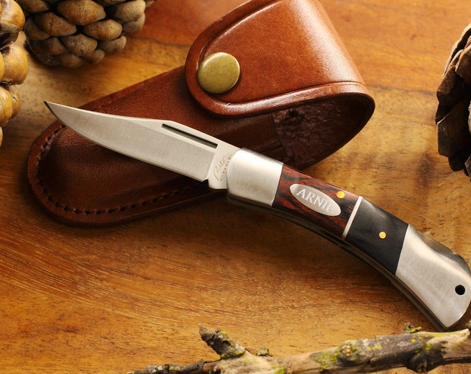 Engraved Name Pocket Knife with Leather Sheath