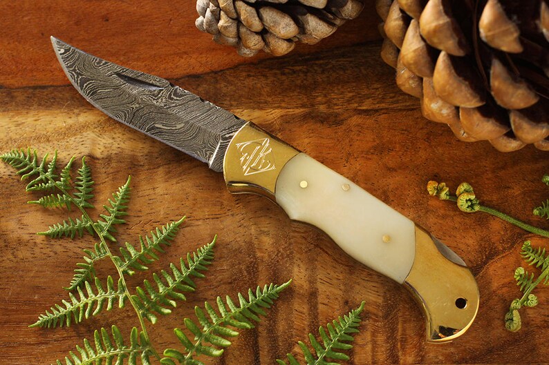 Large Damascus Folding Knife - White Bone Handle - Brass Bolster - Damascus Steel Blade - Personalized Groomsman Engraved Pocket Knife 