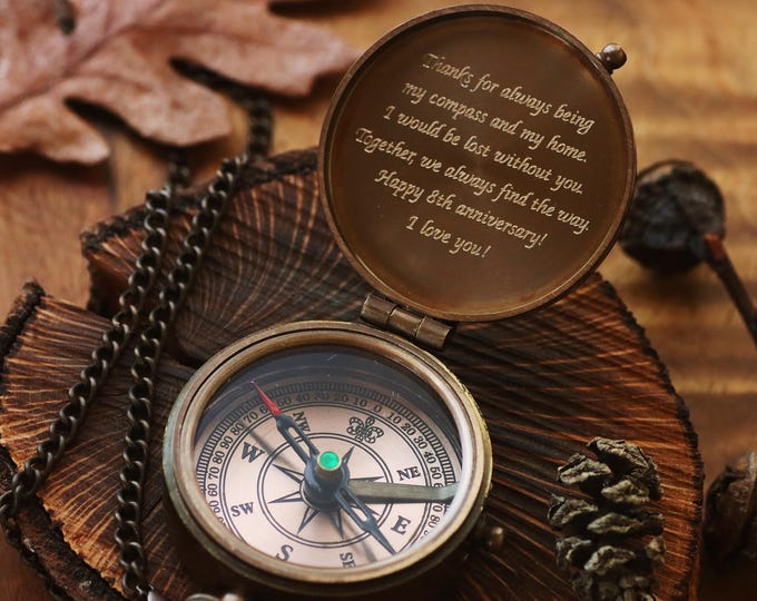 Anniversary Engraved Compass, Bronze Personalized Compass with Leather Pouch