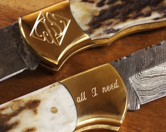 Mis-Engraved Large Damascus Pocket Knife with Stag Horn Handle