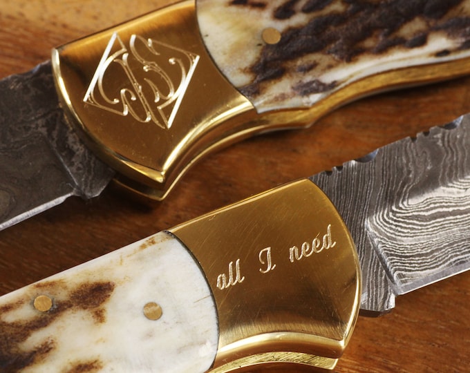 Mis-Engraved Large Damascus Pocket Knife with Stag Horn Handle