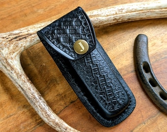 Black Imprinted Leather Knife Sheath: Belt Holster Fits 4 Inch Knives
