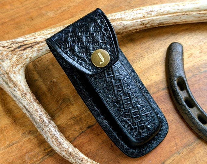 Black Imprinted Leather Knife Sheath: Belt Holster Fits 4 Inch Knives